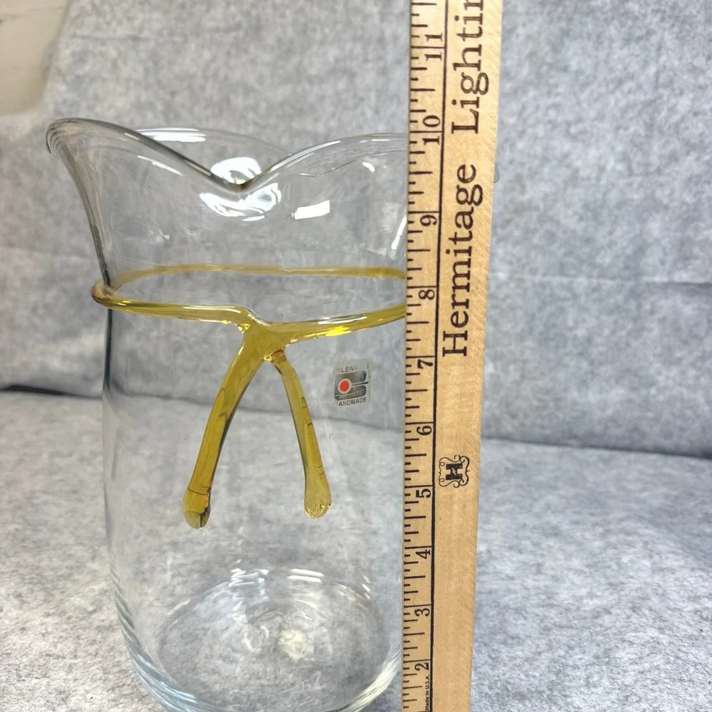 Blenko Art Glass Clear Pitcher Amber Wrap Tie Detail Handblown Vintage MCM 9.5